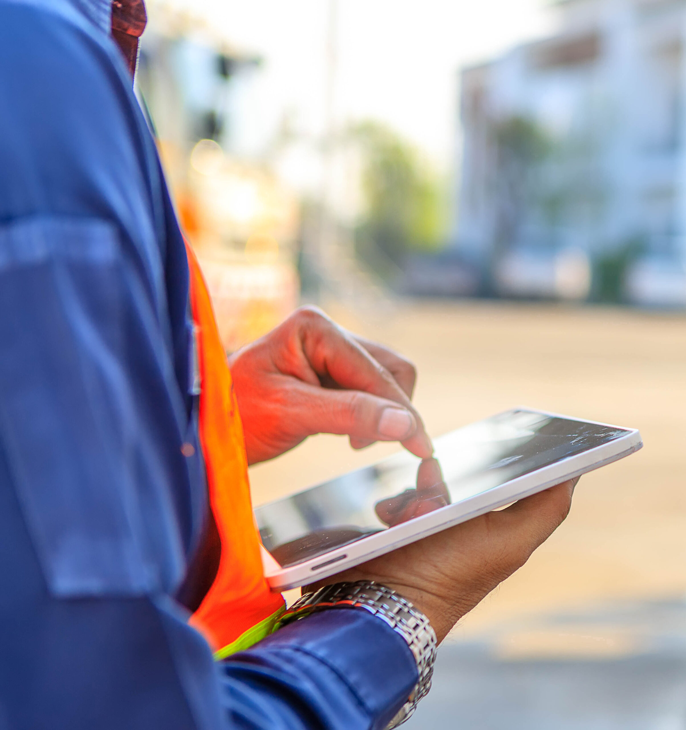 Truck drivers hand holding tablet checking the product list,Driv